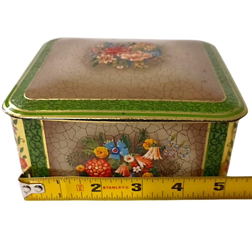 Vintage Tin Container Green Floral Hinged Square Made In Holland Victorian Style